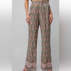 Easel Sage Green Wide Leg Pants with Paisley Print NEW S